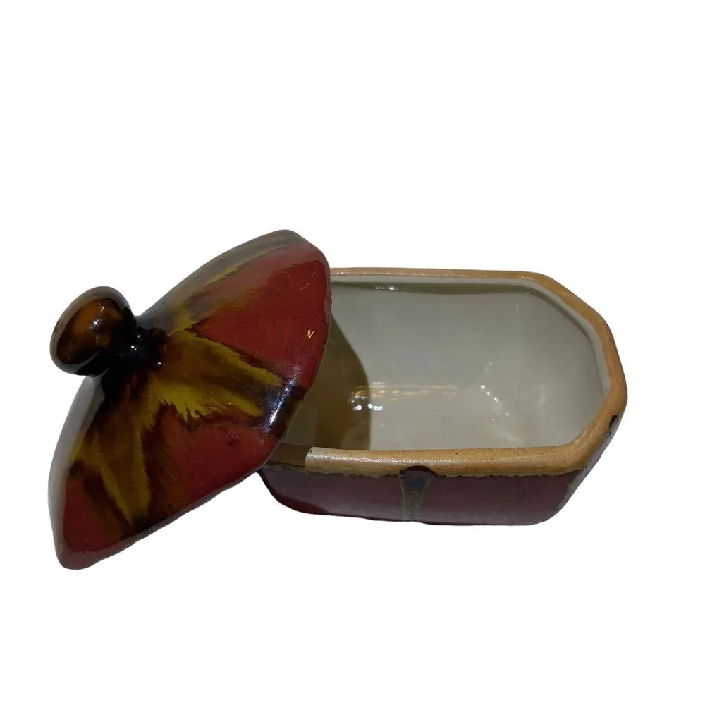 Drip Glazed Pottery Bowl Large 9.5x4 Brown Trinket Jewelry Holder Ribbed &‎ Lid